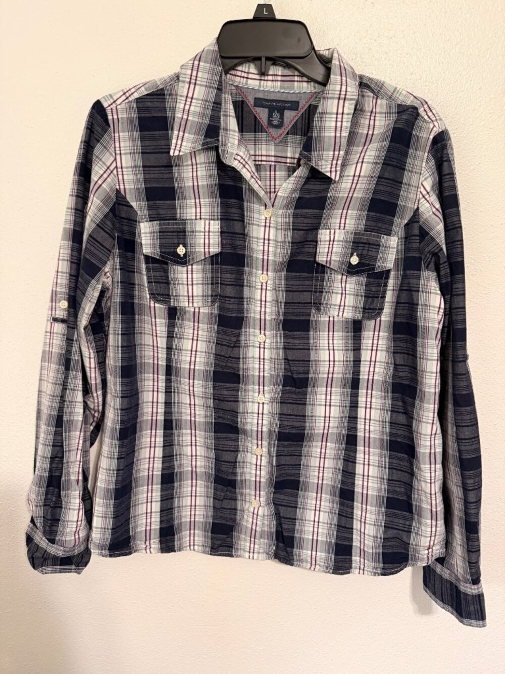 Tommy Hilfiger Western Button Down Shirt Navy White Plaid Womans XL